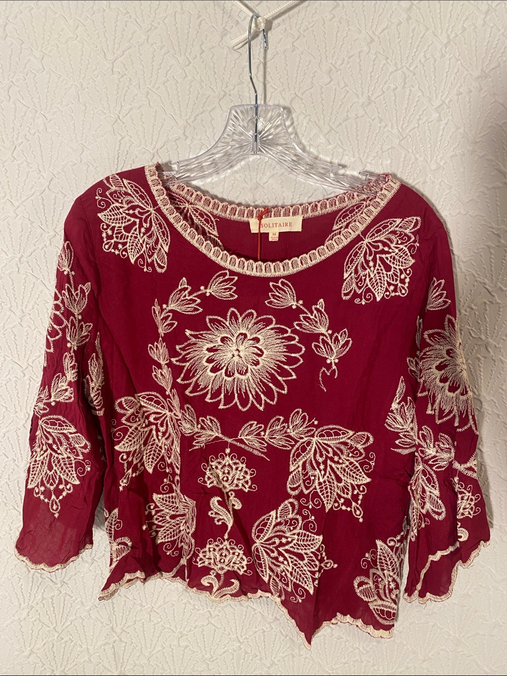 NWT Solitaire Wine Red Embroidered Boho Blouse SIZE medium Bohemian Feminine